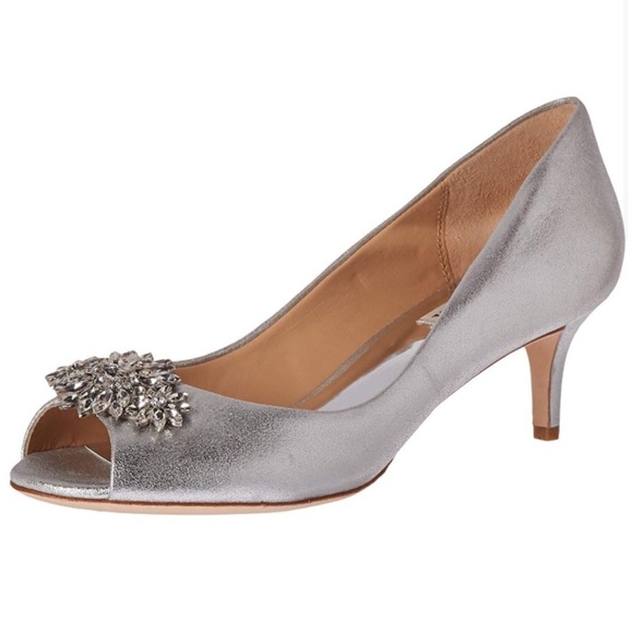 Badgley Mischka Nakita II Kitten Heel Peep Toe Pumps (Silver) - Picture 2 of 10